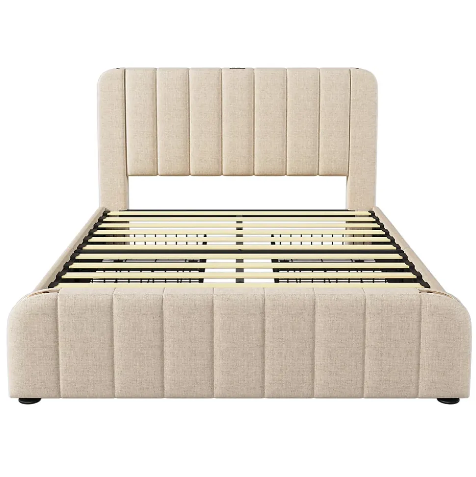 lit rembourré 140x200 cm lit 4 tiroirs lit fonction de charge usb type-c lit bandes décoratives dorées lit double lin beige