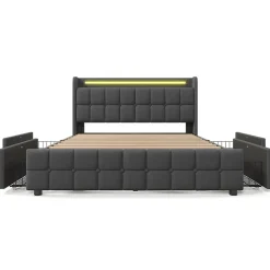 Lit rembourré 180x200 cm lit de rangement lit 4 tiroirs lit éclairage led lit sommier à lattes en bois lit double lin gris
