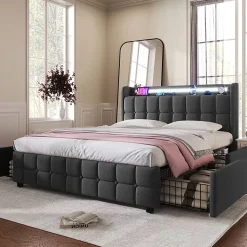 Lit rembourré 160x200 cm lit de rangement lit 4 tiroirs lit éclairage led lit sommier à lattes en bois lit double lin gris