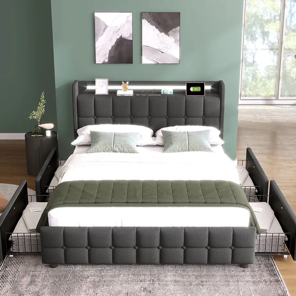 Lit rembourré 160x200 cm lit de rangement lit 4 tiroirs lit éclairage led lit sommier à lattes en bois lit double lin gris