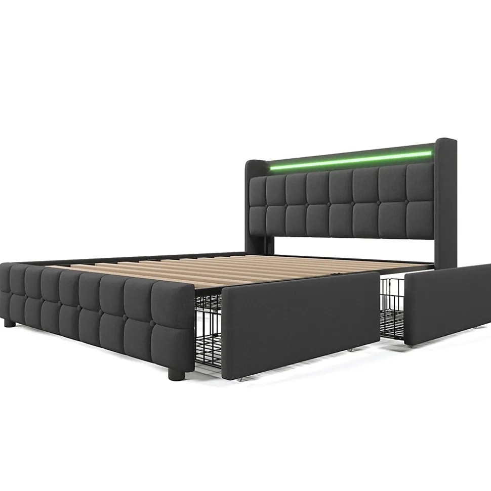 Lit rembourré 160x200 cm lit de rangement lit 4 tiroirs lit éclairage led lit sommier à lattes en bois lit double lin gris