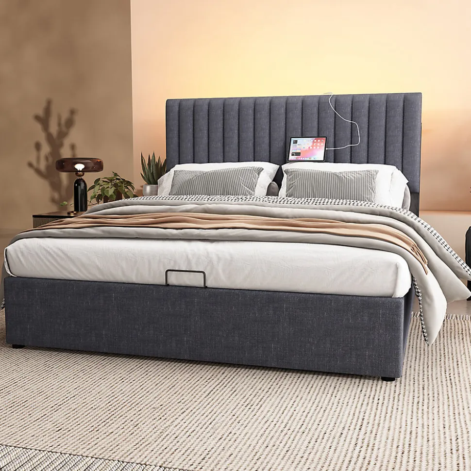 lit rembourré 160x200 cm lit de rangement avec fonction de recharge usb type c lit sommier à lattes en bois lit double lin gris