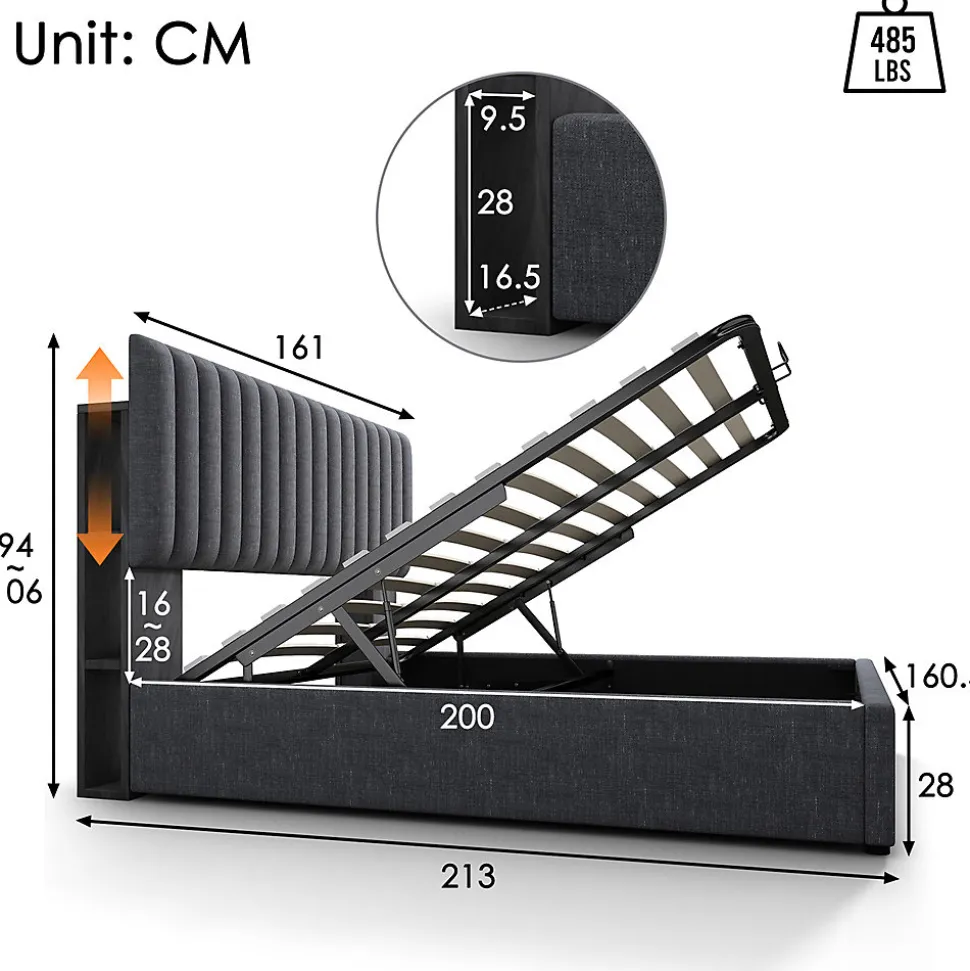 lit rembourré 160x200 cm lit de rangement avec fonction de recharge usb type c lit sommier à lattes en bois lit double lin gris