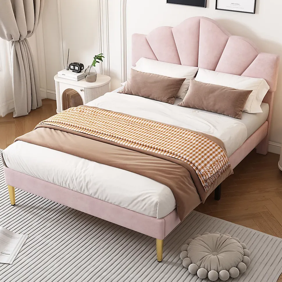 Lit rembourré 140x190 cm lit double avec sommier à lattes - tête de lit réglable - tissu en velours - rose