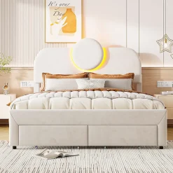 Lit Rembourré 140x200 cm, lit double avec éclairage LED et 2 tiroirs, pour adultes et adolescents