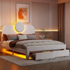 Lit Rembourré 140x200 cm, lit double avec éclairage LED et 2 tiroirs, pour adultes et adolescents