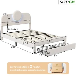 Lit Rembourré 140x200 cm, lit double avec éclairage LED et 2 tiroirs, pour adultes et adolescents