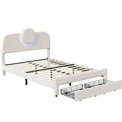 Lit Rembourré 140x200 cm, lit double avec éclairage LED et 2 tiroirs, pour adultes et adolescents