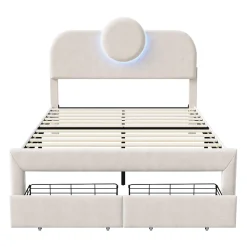 Lit Rembourré 140x200 cm, lit double avec éclairage LED et 2 tiroirs, pour adultes et adolescents