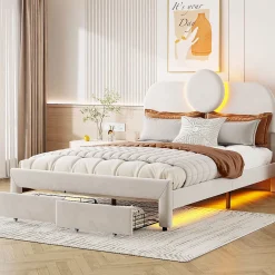 Lit Rembourré 140x200 cm, lit double avec éclairage LED et 2 tiroirs, pour adultes et adolescents