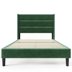 Lit rembourré 90x200 cm, lit double avec sommier à lattes et tête de lit, lit d'enfant, velours, vert foncé