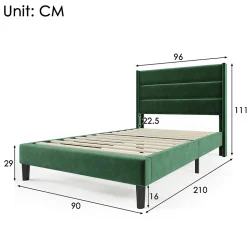 Lit rembourré 90x200 cm, lit double avec sommier à lattes et tête de lit, lit d'enfant, velours, vert foncé