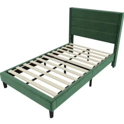 Lit rembourré 90x200 cm, lit double avec sommier à lattes et tête de lit, lit d'enfant, velours, vert foncé