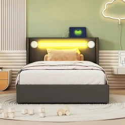 Lit rembourré 90x200 cm lit sommier à lattes lit barre lumineuse à led lecteur bluetooth et recharge usb Single cuir pu noir