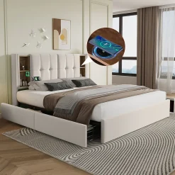 Lit rembourré 160x200 cm lit sommier à lattes en bois lit chargement sans fil usb c lit 4 tiroirs lit double velours beige