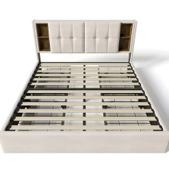 Lit rembourré 160x200 cm lit sommier à lattes en bois lit chargement sans fil usb c lit 4 tiroirs lit double velours beige