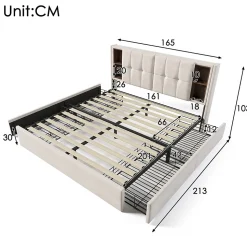Lit rembourré 160x200 cm lit sommier à lattes en bois lit chargement sans fil usb c lit 4 tiroirs lit double velours beige