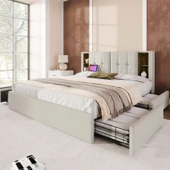 Lit rembourré 160x200 cm lit sommier à lattes en bois lit chargement sans fil usb c lit 4 tiroirs lit double velours beige