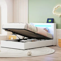 Lit rembourré 90x200 cm lit sommier à lattes lit barre lumineuse à led lecteur bluetooth et recharge usb Single cuir pu blanc