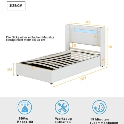 Lit rembourré 90x200 cm lit sommier à lattes lit barre lumineuse à led lecteur bluetooth et recharge usb Single cuir pu blanc