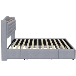 Lit rembourré 140x200 cm, table de nuit avec port de chargement USB et étagère, lit double plat avec 4 tiroirs, gris