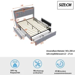 Lit rembourré 140x200 cm, table de nuit avec port de chargement USB et étagère, lit double plat avec 4 tiroirs, gris