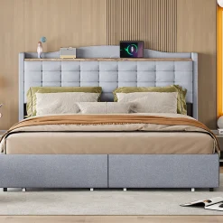 Lit rembourré 160x200 cm, table de nuit avec port de chargement USB et étagère, lit double plat avec 4 tiroirs, gris