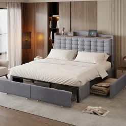 Lit rembourré 160x200 cm, table de nuit avec port de chargement USB et étagère, lit double plat avec 4 tiroirs, gris