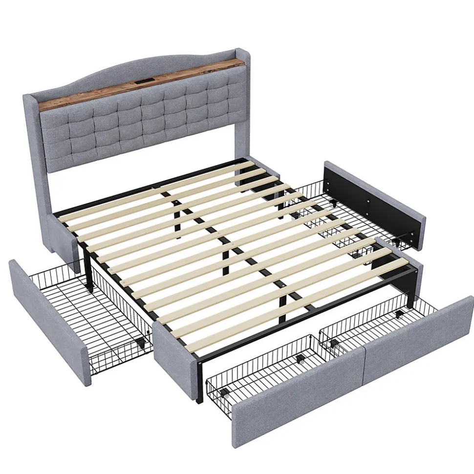 Lit rembourré 160x200 cm, table de nuit avec port de chargement USB et étagère, lit double plat avec 4 tiroirs, gris