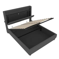 Lit rembourré 160x200 cm, tête LED, rangement, sommiers gaz, USB, poches latérales