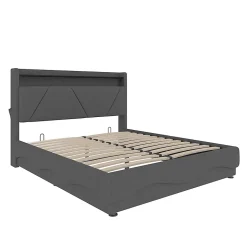 Lit rembourré 160x200 cm, tête LED, rangement, sommiers gaz, USB, poches latérales