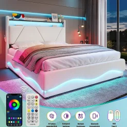 Lit rembourré 160x200 cm, tête LED, surfaces rangement, sommiers gaz, USB, poches