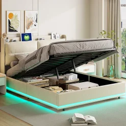 Lit rembourré 140x200cm avec chargement sans fil (USB & Type-c), lit double avec LED, velours, beige