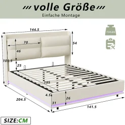 Lit rembourré 140x200cm avec chargement sans fil (USB & Type-c), lit double avec LED, velours, beige