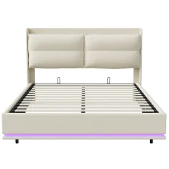 Lit rembourré 140x200cm avec chargement sans fil (USB & Type-c), lit double avec LED, velours, beige