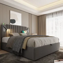 Lit rembourré 160x200cm, avec espace de rangement, lampe de lecture, design à rivets, sommier à lattes, coton, gris, sans matelas