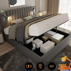 Lit rembourré 160x200cm, avec espace de rangement, lampe de lecture, design à rivets, sommier à lattes, coton, gris, sans matelas