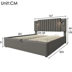Lit rembourré 160x200cm, avec espace de rangement, lampe de lecture, design à rivets, sommier à lattes, coton, gris, sans matelas
