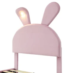 Lit rembourré 90x200cm avec oreilles de lapin, LED chaude réglable, 2 poufs de rangement, velours rose