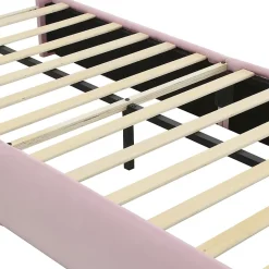 Lit rembourré 90x200cm avec oreilles de lapin, LED chaude réglable, 2 poufs de rangement, velours rose