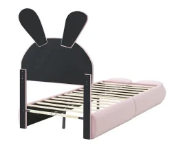 Lit rembourré 90x200cm avec oreilles de lapin, LED chaude réglable, 2 poufs de rangement, velours rose