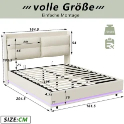 Lit rembourré 160x200cm avec recharge sans fil (USB et Type-C), lit double avec LED, velours, beige