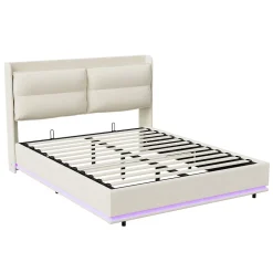 Lit rembourré 160x200cm avec recharge sans fil (USB et Type-C), lit double avec LED, velours, beige