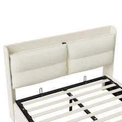 Lit rembourré 160x200cm avec recharge sans fil (USB et Type-C), lit double avec LED, velours, beige