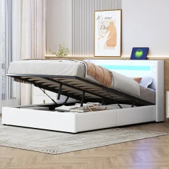 Lit rembourré 140x200cm avec sommier à lattes lit barre lumineuse à led lecteur bluetooth et recharge usb lit double cuir pu blanc