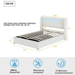 Lit rembourré 140x200cm avec sommier à lattes lit barre lumineuse à led lecteur bluetooth et recharge usb lit double cuir pu blanc