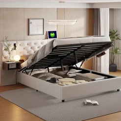 Lit Rembourré 140x200cm avec USB et lampe de lecture, lit double avec rangement, velours, beige