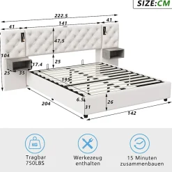 Lit Rembourré 140x200cm avec USB et lampe de lecture, lit double avec rangement, velours, beige