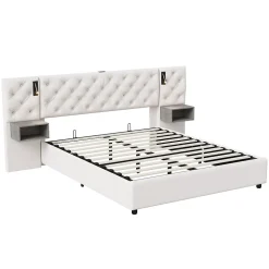 Lit Rembourré 140x200cm avec USB et lampe de lecture, lit double avec rangement, velours, beige