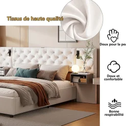 Lit Rembourré 140x200cm avec USB et lampe de lecture, lit double avec rangement, velours, beige